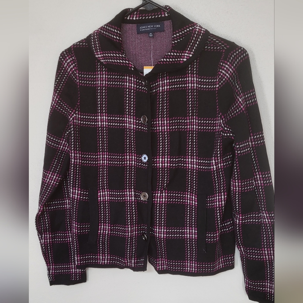 Jones New York Women's Black, White, Pink Herringbone/Plaid Sweater Size PS NWT. - Picture 1 of 5